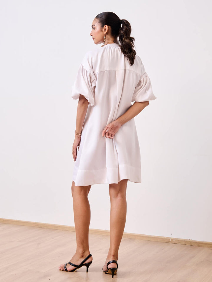 White Cotton Satin Short Party Dress with Balloon Sleeves