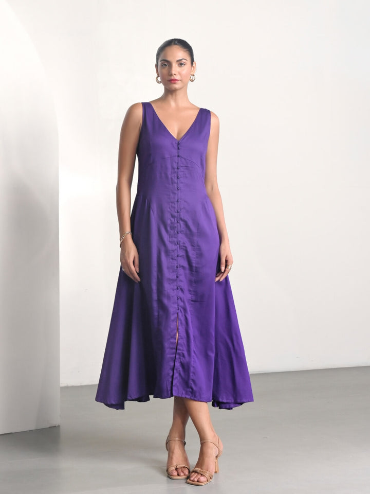 Purple Cotton Satin Sleeveless Party Dress