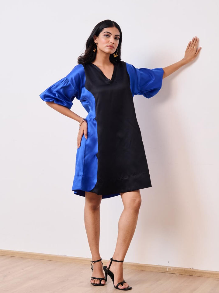 Blue & Black Cotton Satin V-Neck Short Party Dress