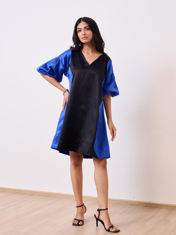 Blue & Black Cotton Satin V-Neck Short Party Dress