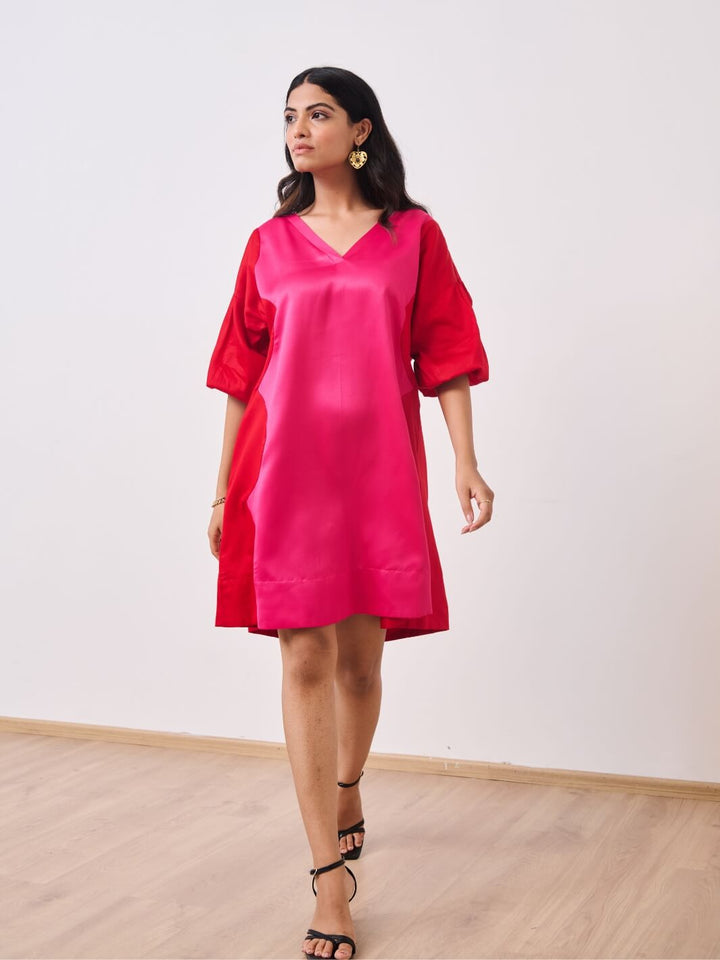 Red & Pink Cotton Satin V-Neck Short Party Dress