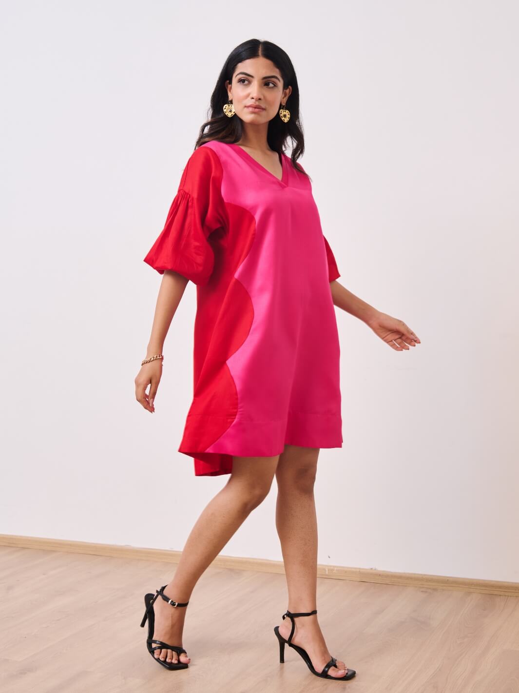 Red & Pink Cotton Satin V-Neck Short Party Dress