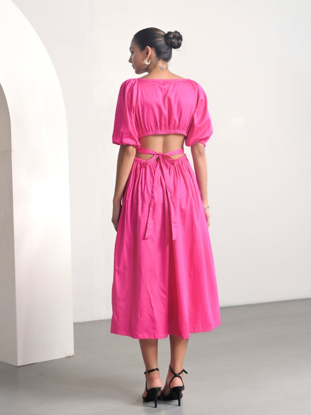 Pink Cotton Satin Deep-V Bareback Party Dress