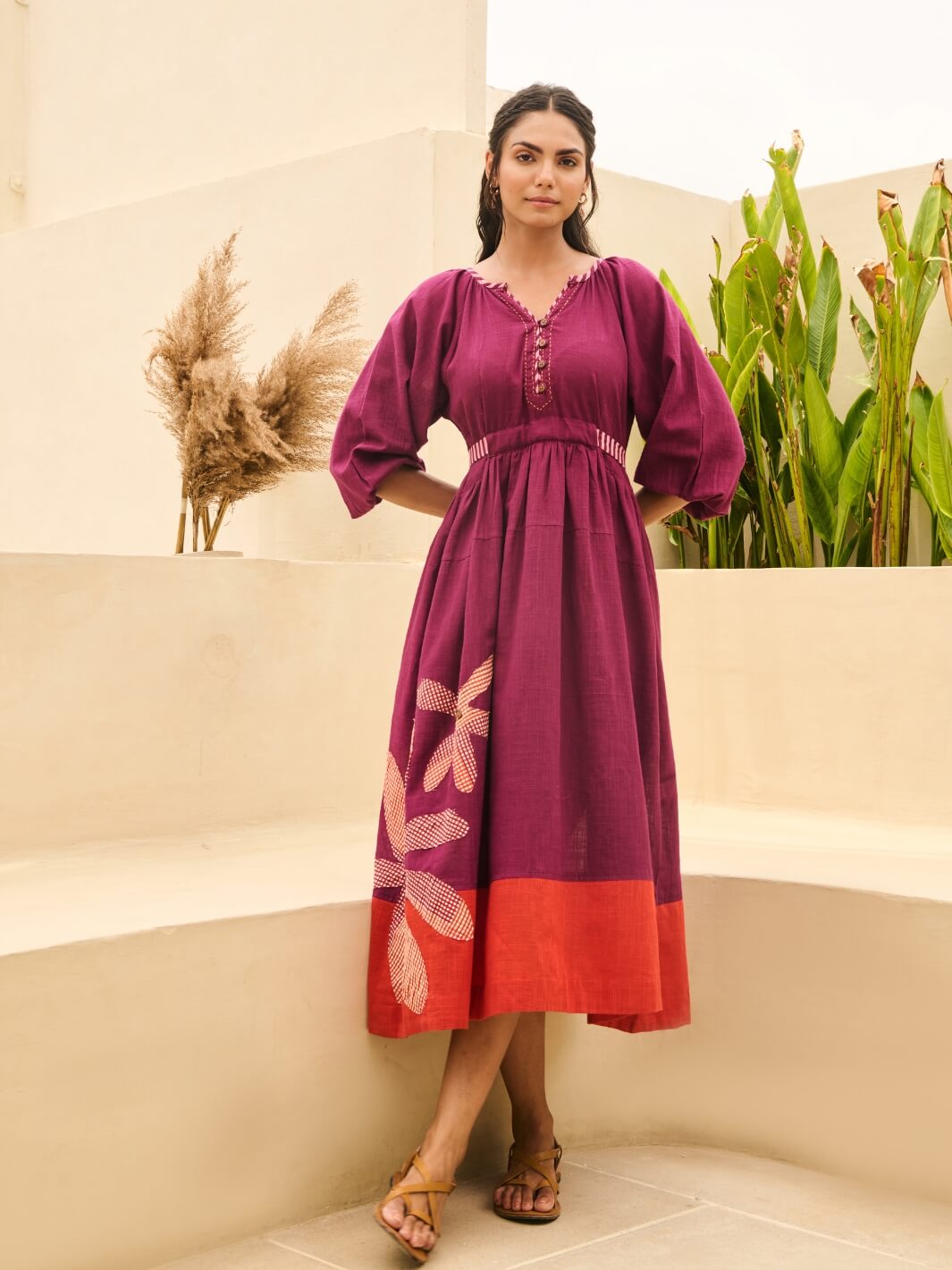 Purple Cotton Embroidered Maxi Dress with Balloon Sleeves