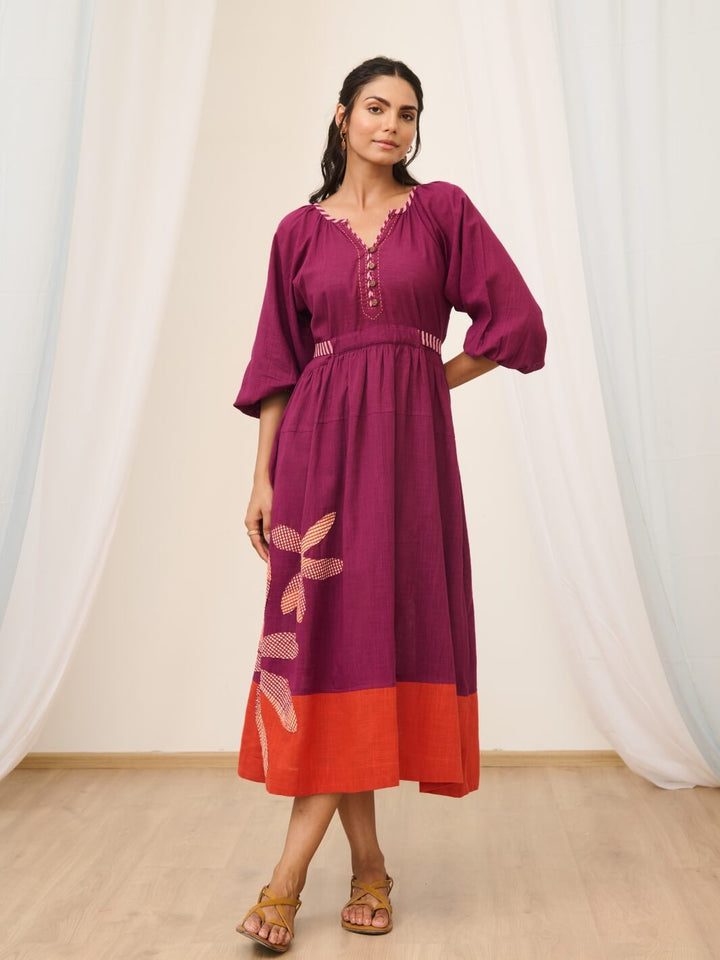 Purple Cotton Embroidered Maxi Dress with Balloon Sleeves