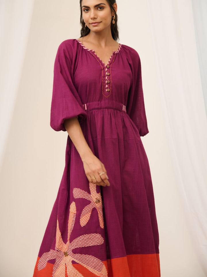 Purple Cotton Embroidered Maxi Dress with Balloon Sleeves