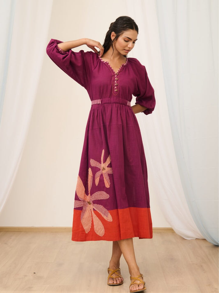 Purple Cotton Embroidered Maxi Dress with Balloon Sleeves