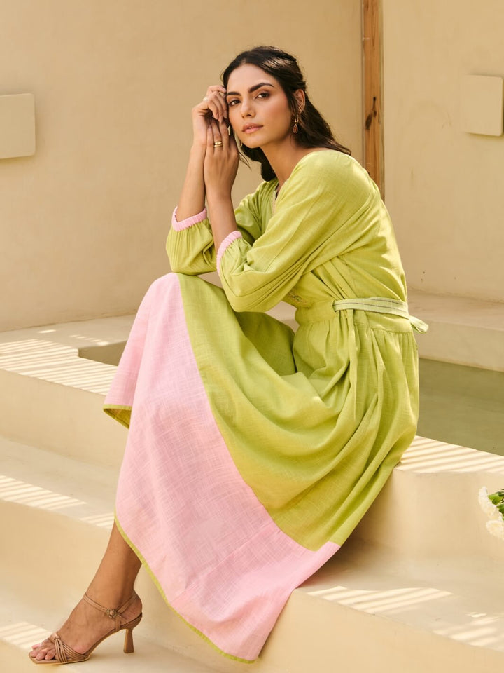 Soft Green Cotton Embroidered Dress with Balloon Sleeves