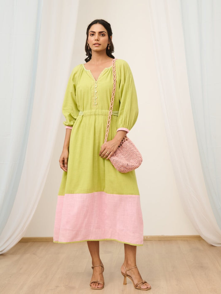 Soft Green Cotton Embroidered Dress with Balloon Sleeves