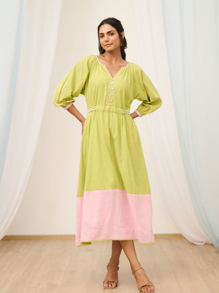 Soft Green Cotton Embroidered Dress with Balloon Sleeves