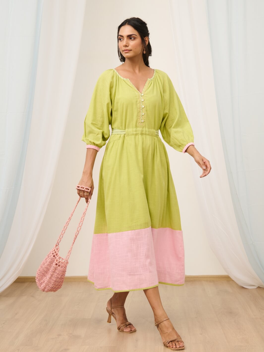 Soft Green Cotton Embroidered Dress with Balloon Sleeves