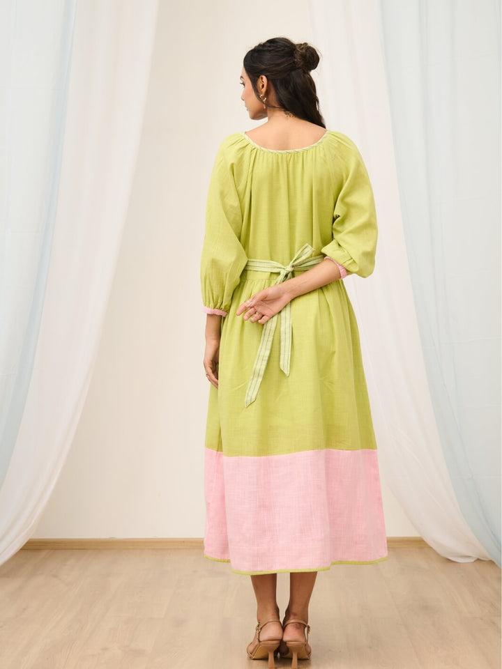 Soft Green Cotton Embroidered Dress with Balloon Sleeves