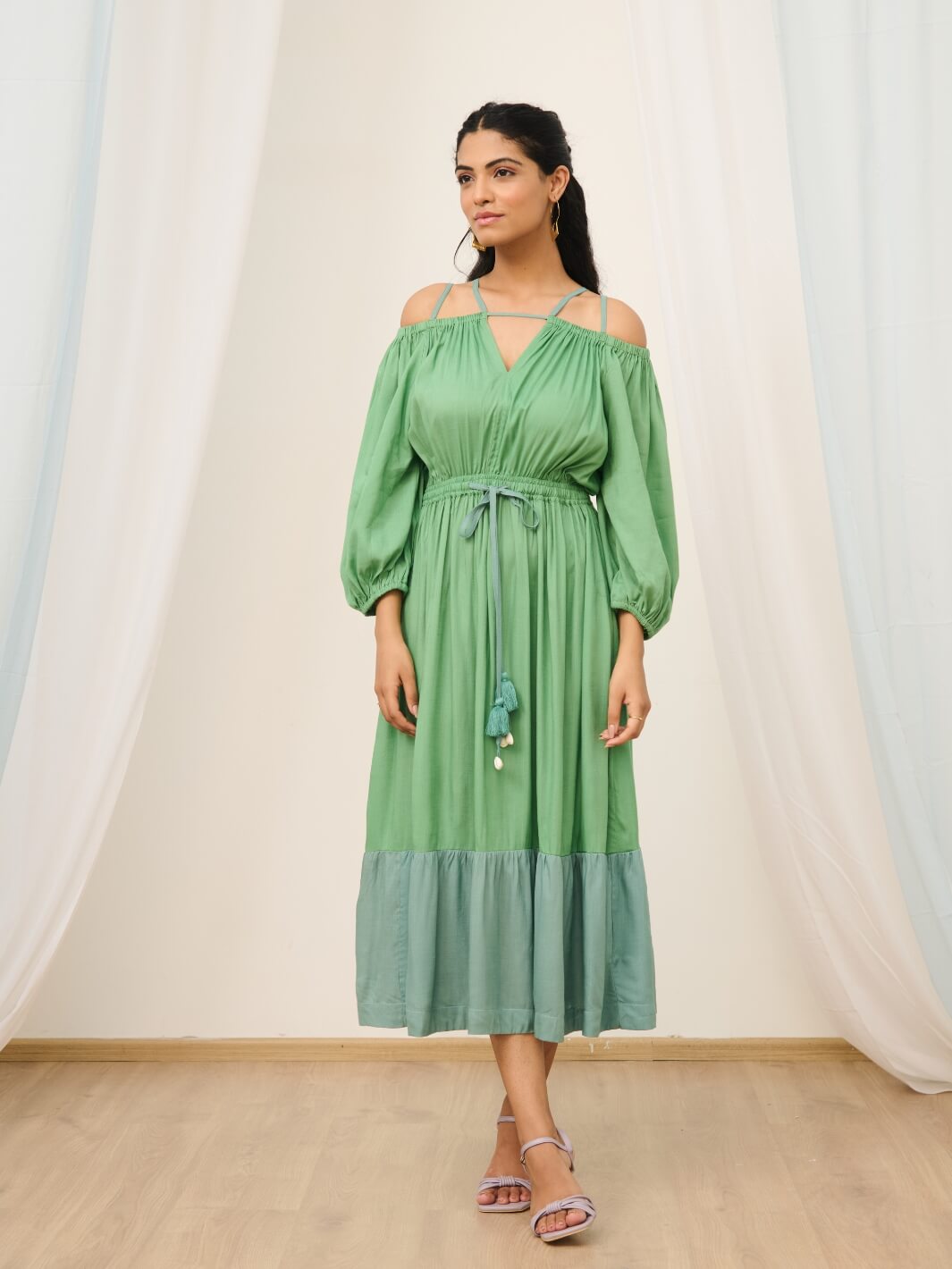 Sea Green Cold Shoulder Long Dress with Balloon Sleeves