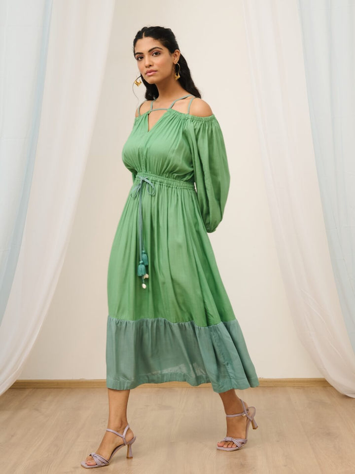 Sea Green Cold Shoulder Long Dress with Balloon Sleeves