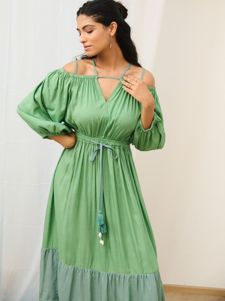 Sea Green Cold Shoulder Long Dress with Balloon Sleeves