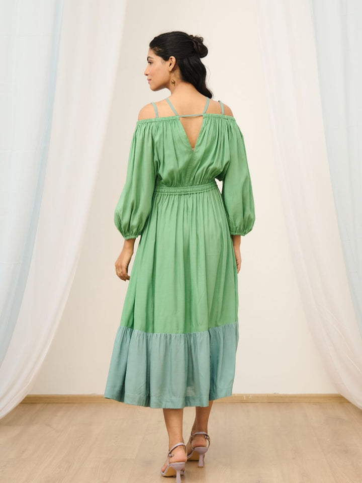 Sea Green Cold Shoulder Long Dress with Balloon Sleeves