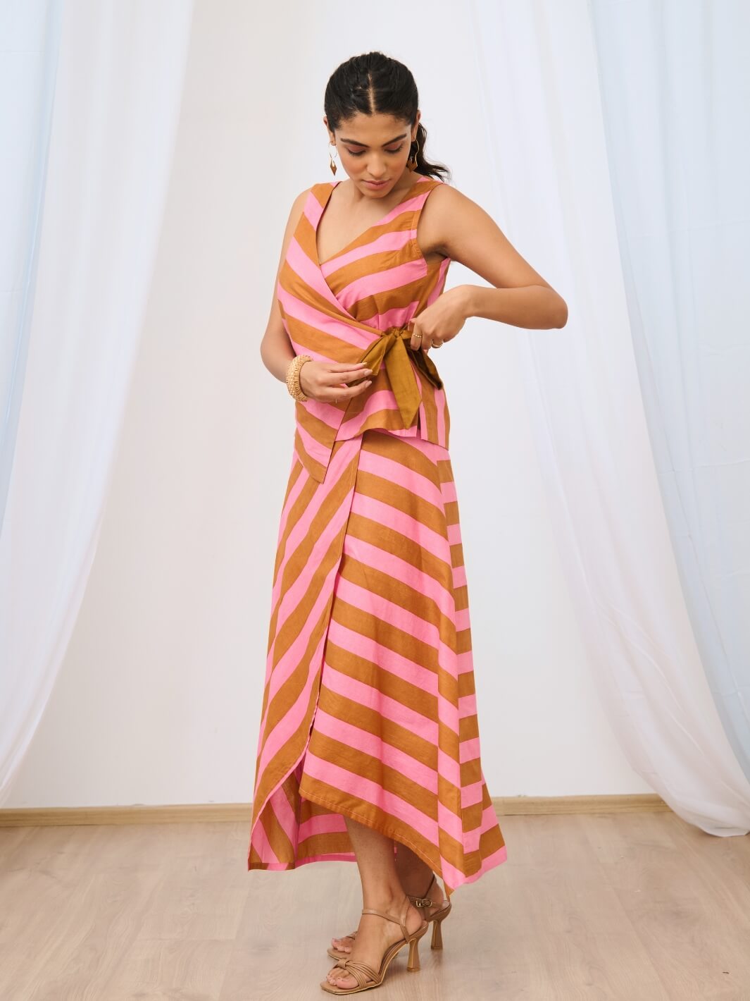 Pale Pink Striped Printed Asymmetric Skirt Set