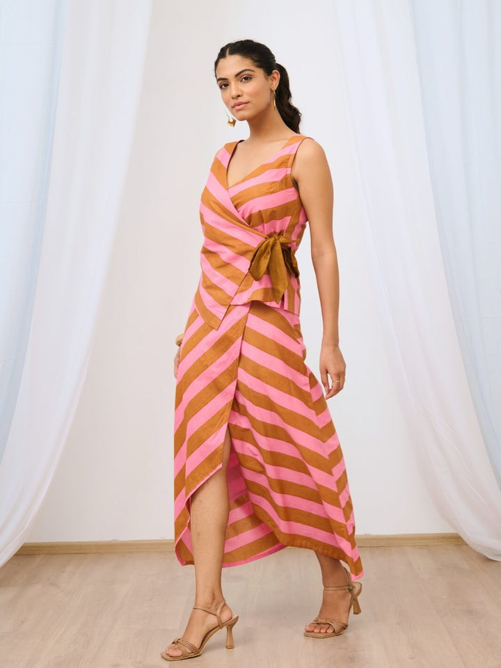 Pale Pink Striped Printed Asymmetric Skirt Set