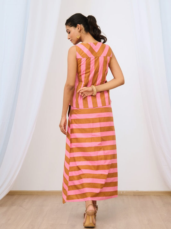 Pale Pink Striped Printed Asymmetric Skirt Set