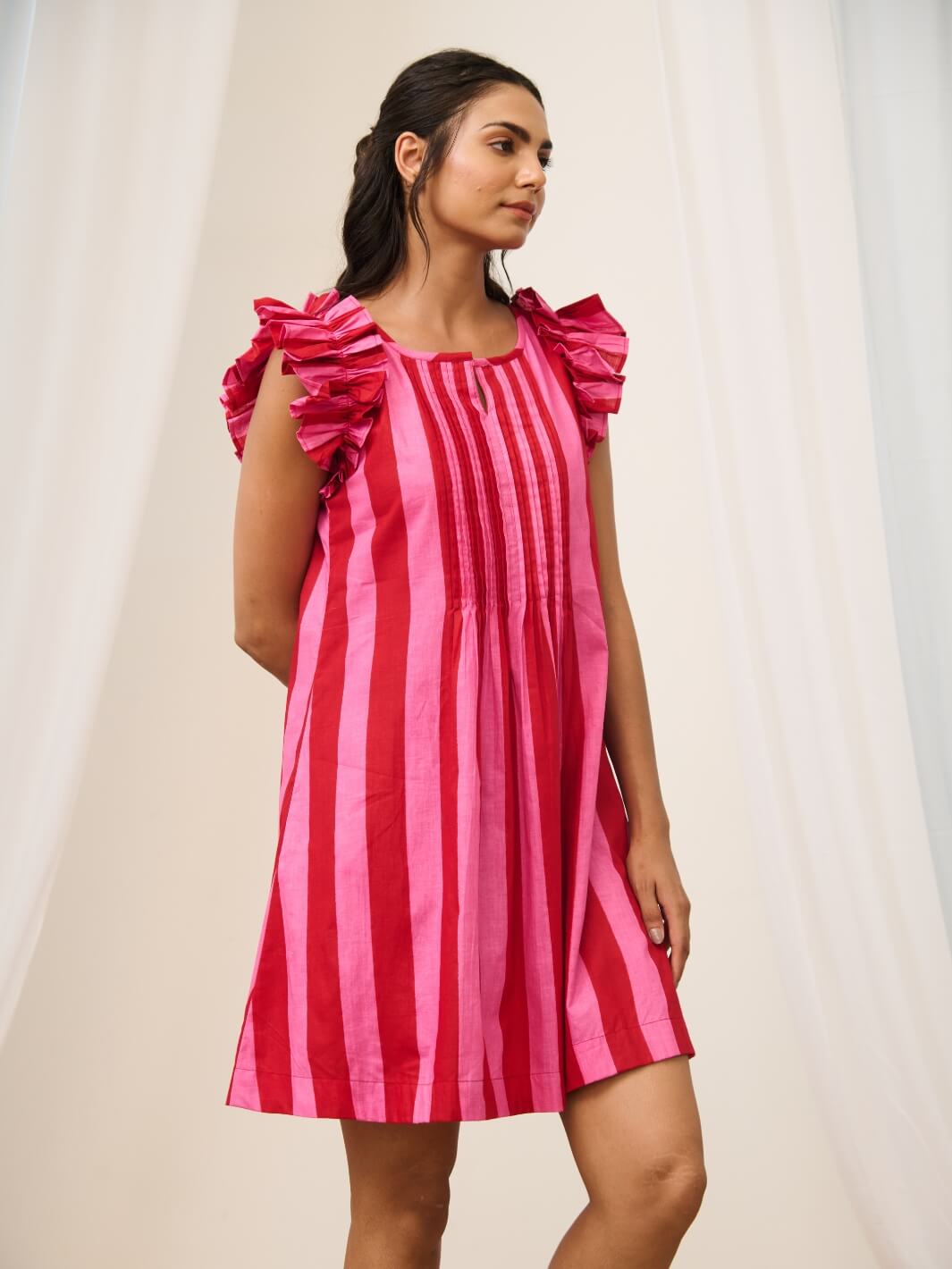 Pink & Red Striped Printed Short Dress with Ruffled Sleeves