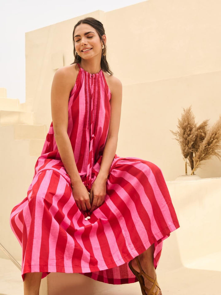 Pink & Red Printed Sleeveless Maxi Dress with Pintuck detail