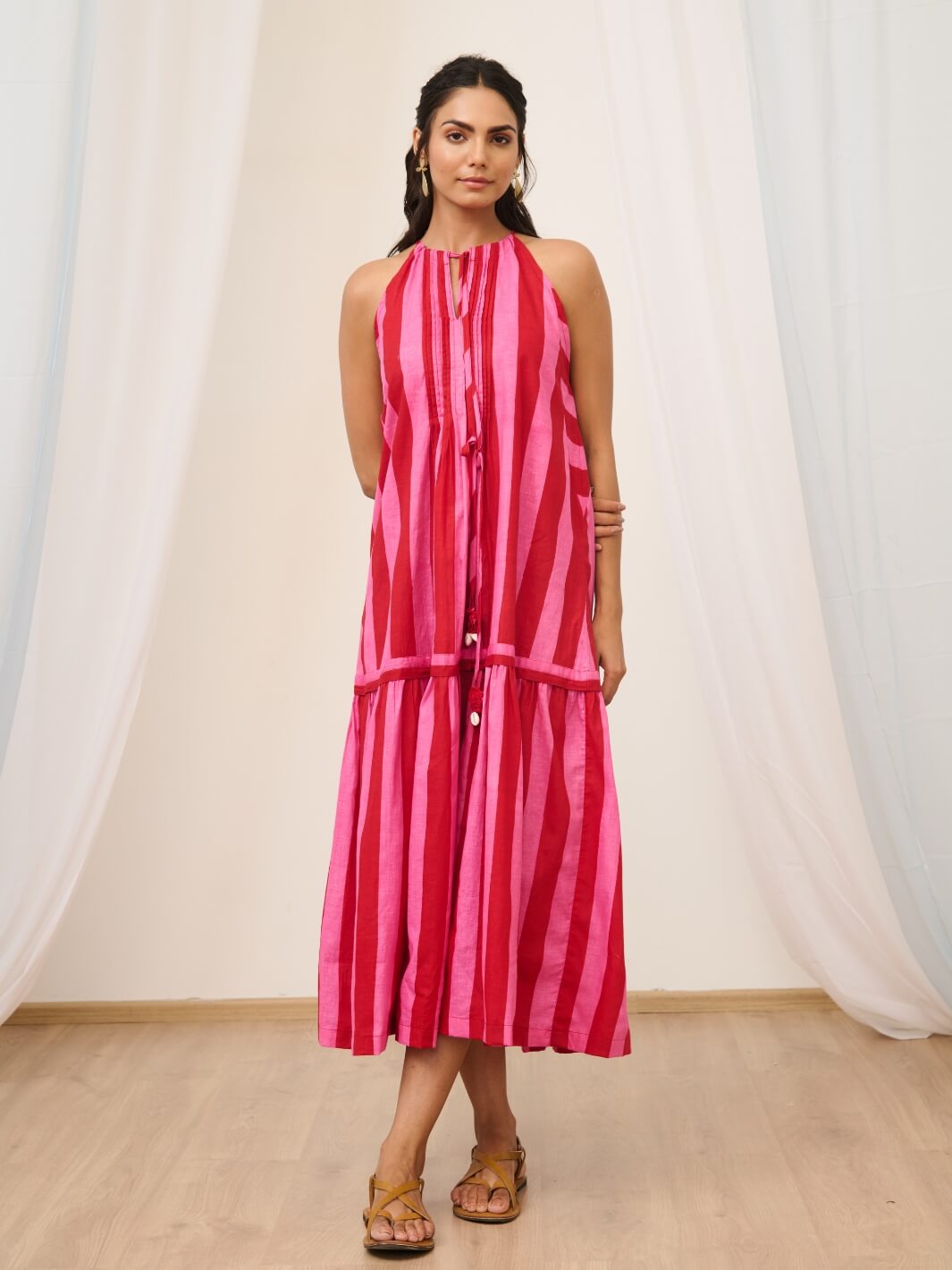 Pink & Red Printed Sleeveless Maxi Dress with Pintuck detail