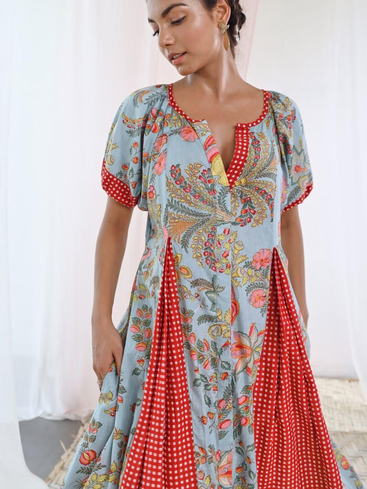 Aqua Blue Cotton Printed Long Dress with Balloon Sleeves - Moontara