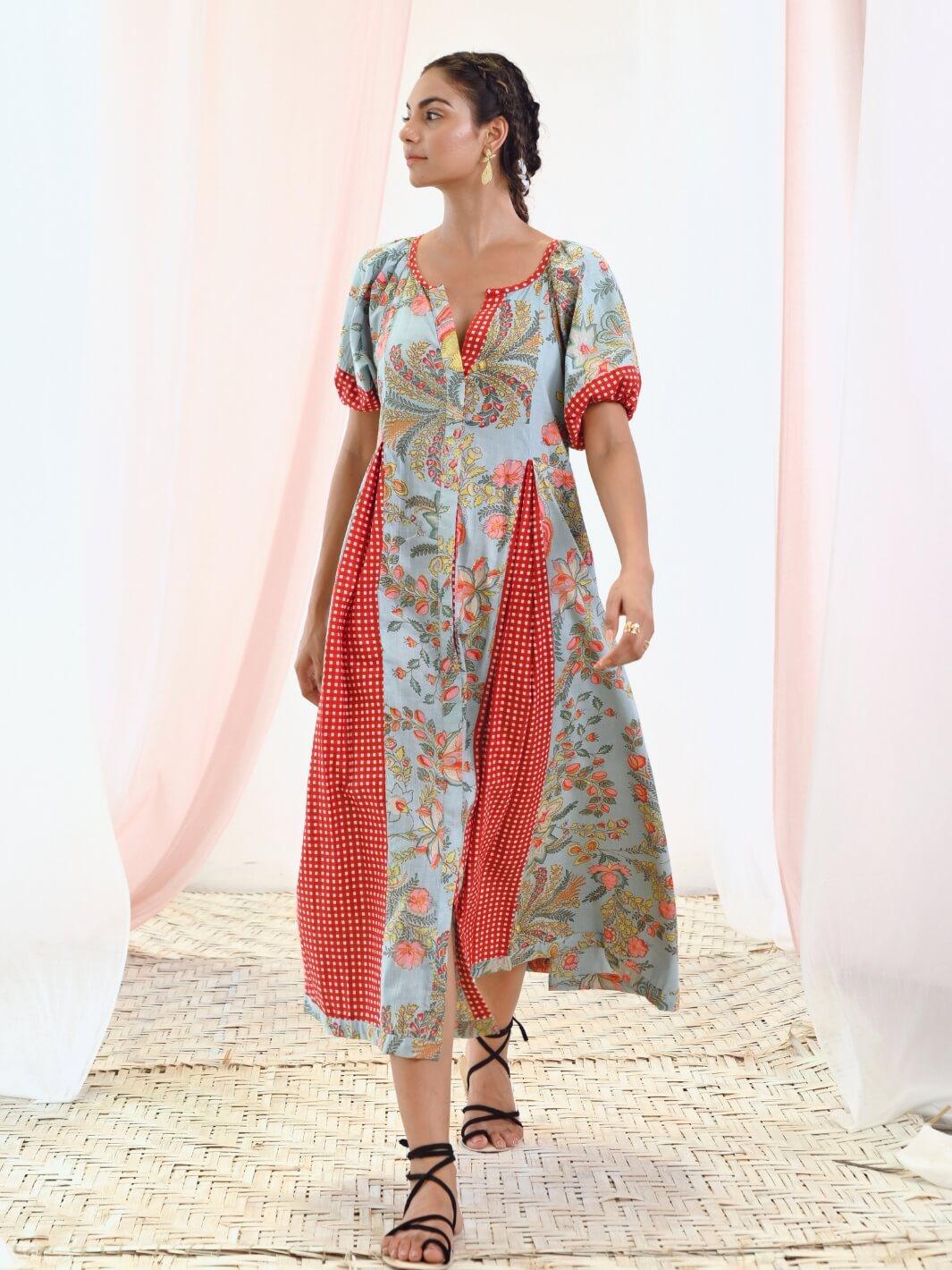 Aqua Blue Cotton Printed Long Dress with Balloon Sleeves - Moontara