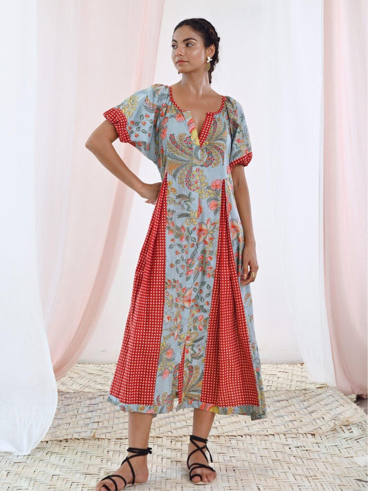 Aqua Blue Cotton Printed Long Dress with Balloon Sleeves - Moontara