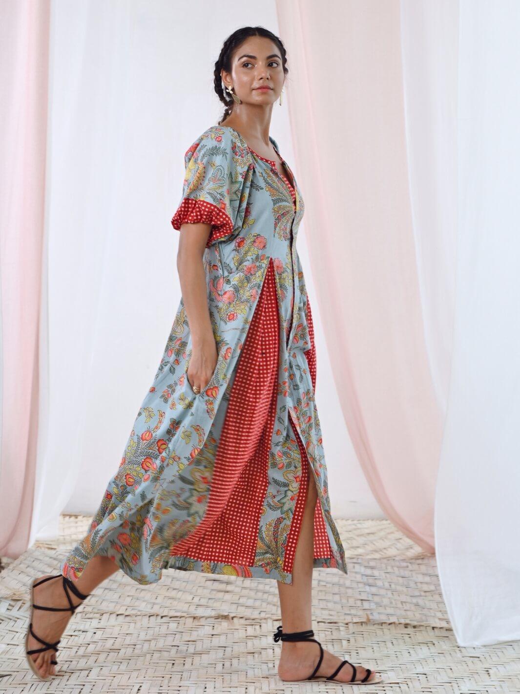 Aqua Blue Cotton Printed Long Dress with Balloon Sleeves - Moontara