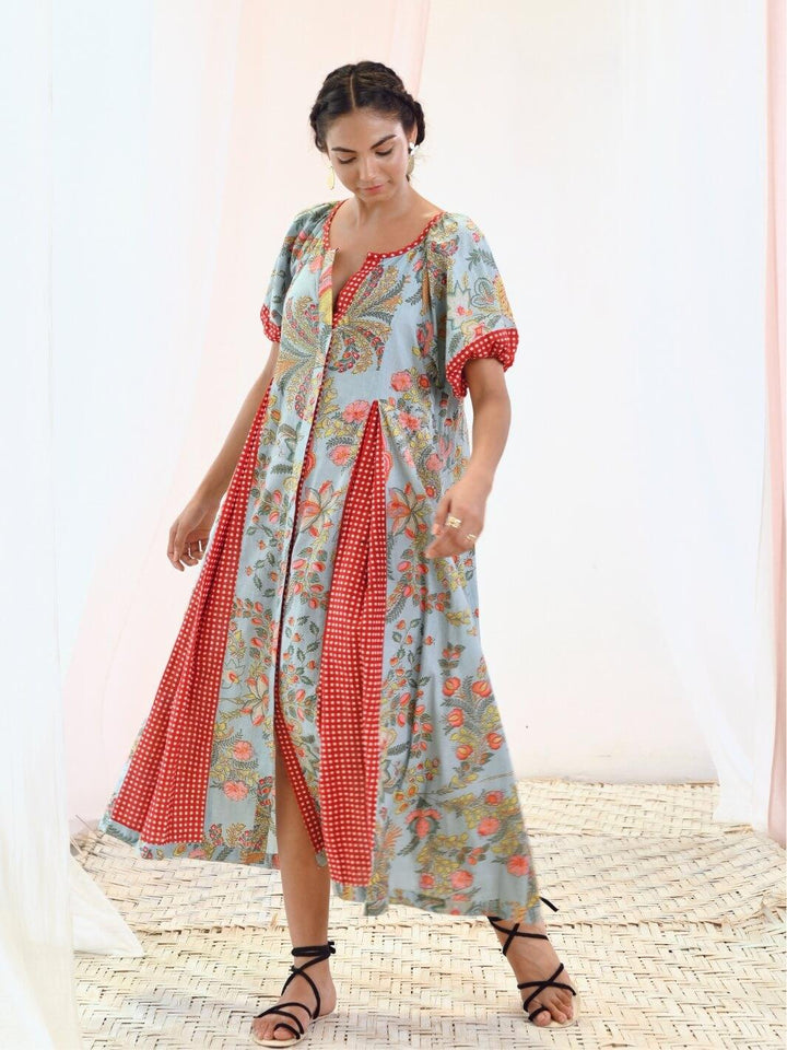 Aqua Blue Cotton Printed Long Dress with Balloon Sleeves - Moontara