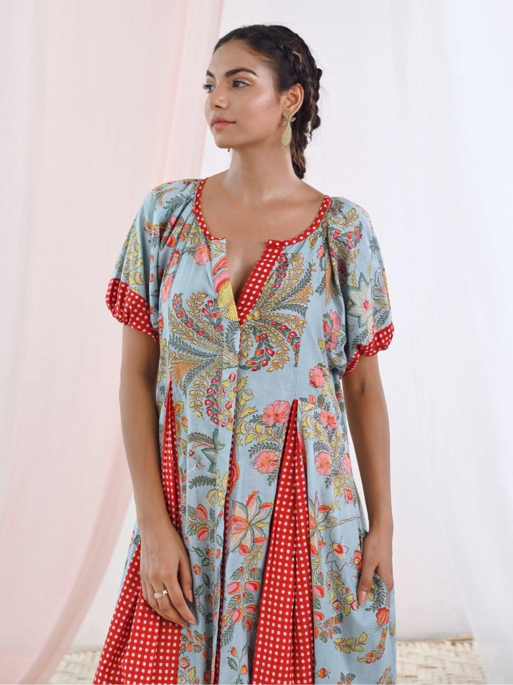 Aqua Blue Cotton Printed Long Dress with Balloon Sleeves - Moontara