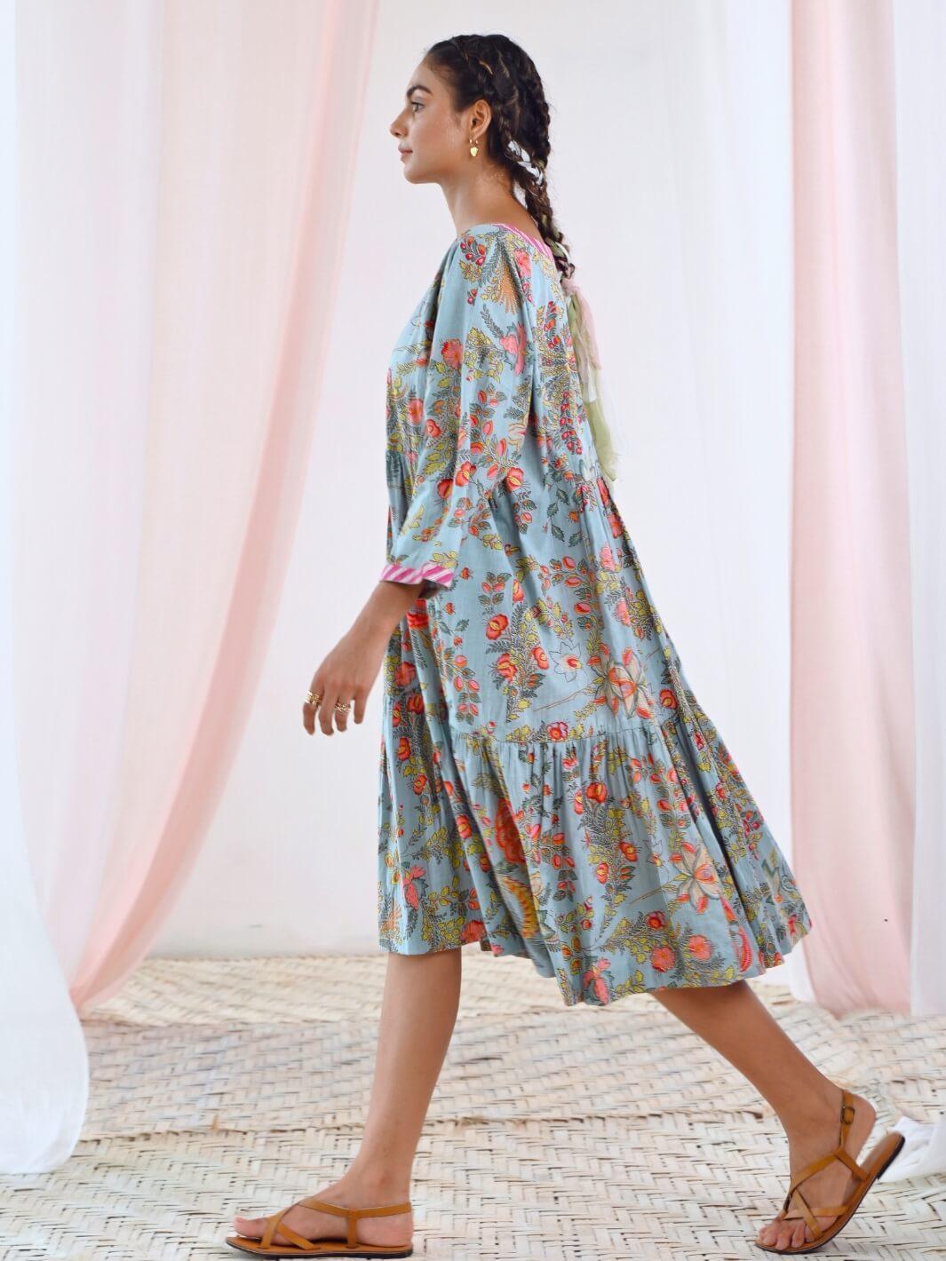 Aqua Blue Cotton V-Neck Midi Floral Dress - Moontara