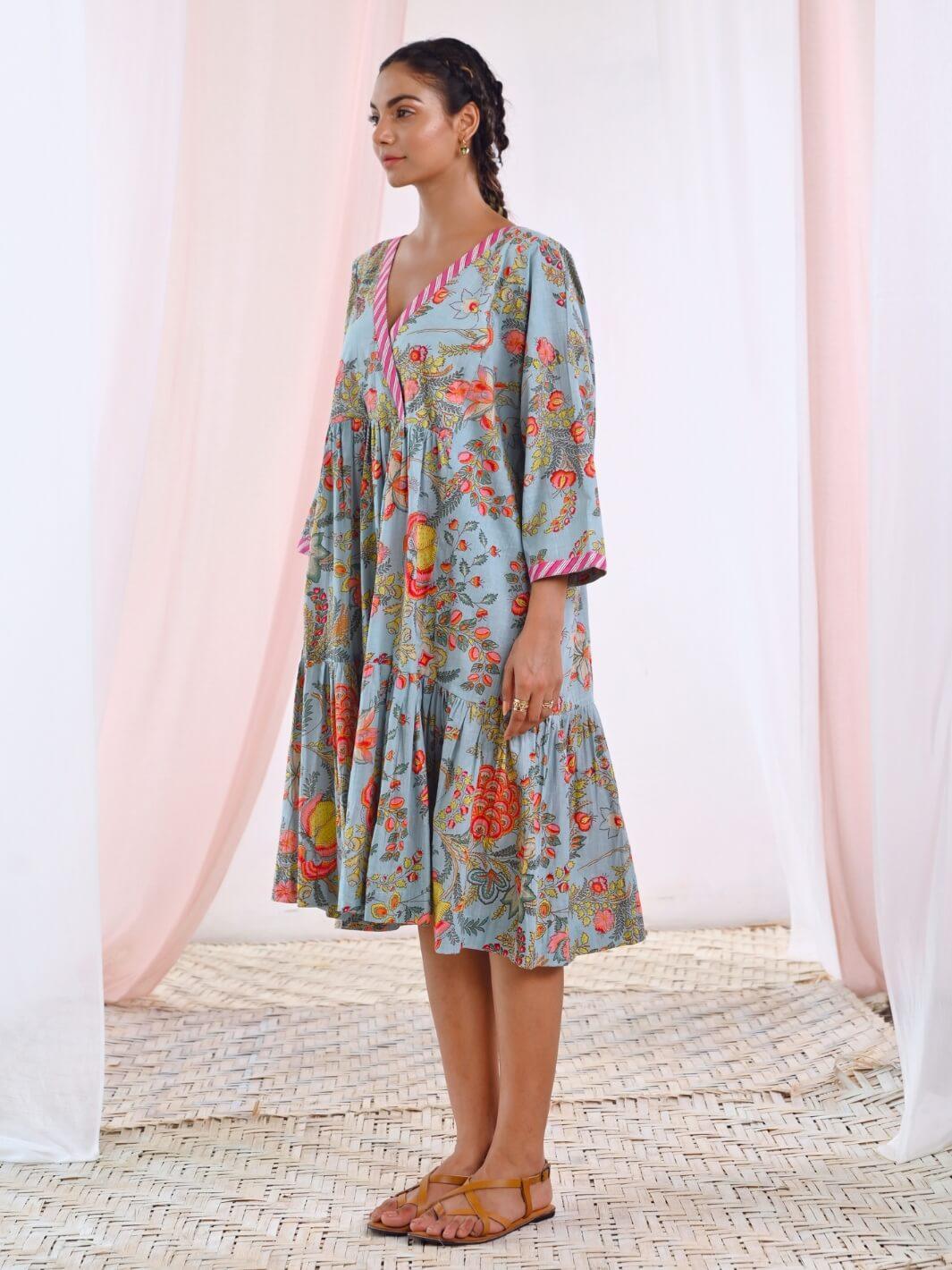 Aqua Blue Cotton V-Neck Midi Floral Dress - Moontara