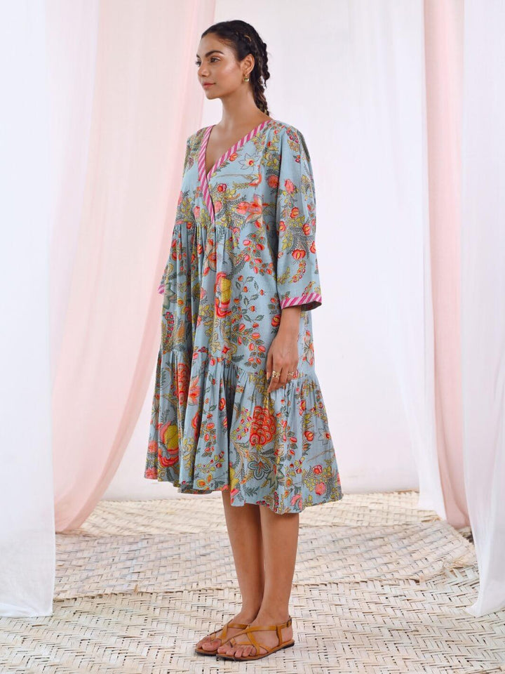 Aqua Blue Cotton V-Neck Midi Floral Dress - Moontara