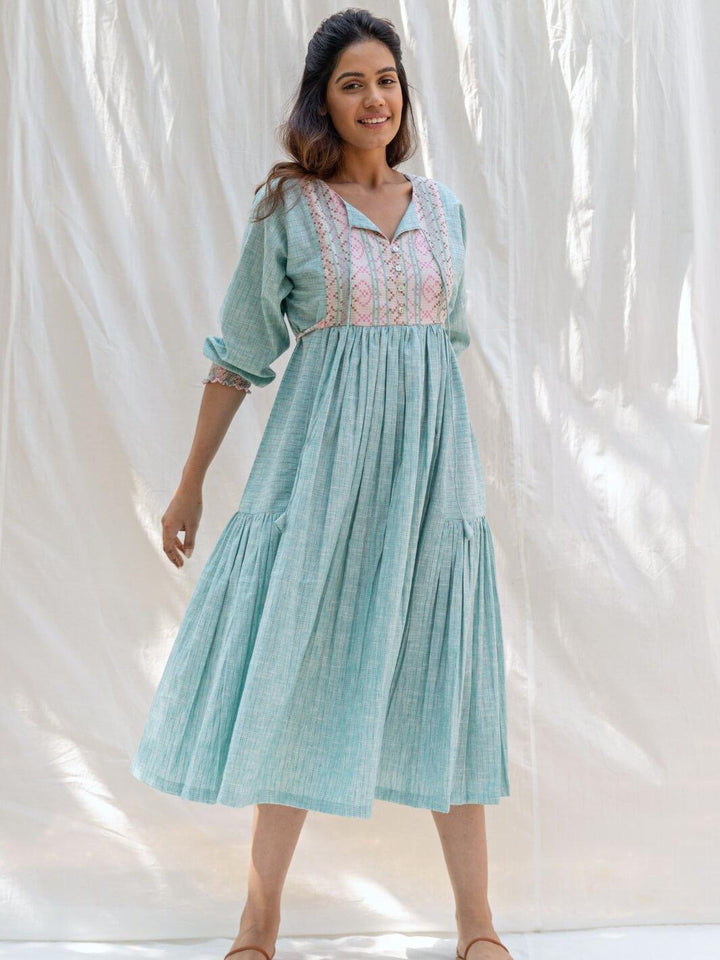 Aqua Mint Cotton Maxi Dress with Butterfly Sleeves - Moontara