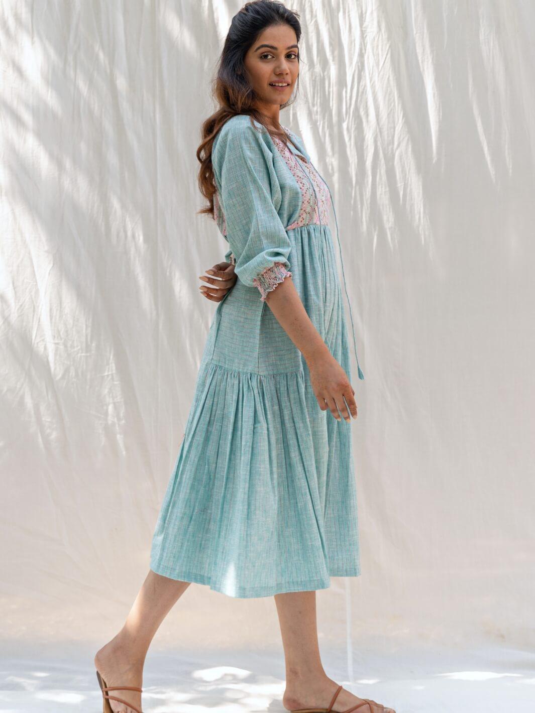 Aqua Mint Cotton Maxi Dress with Butterfly Sleeves - Moontara