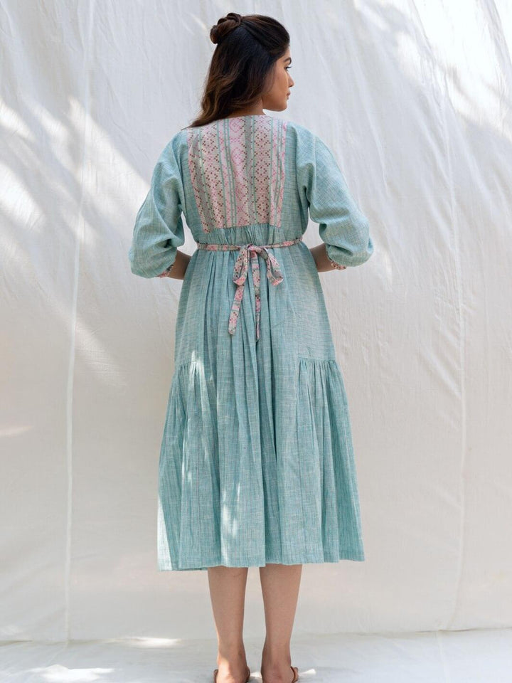 Aqua Mint Cotton Maxi Dress with Butterfly Sleeves - Moontara