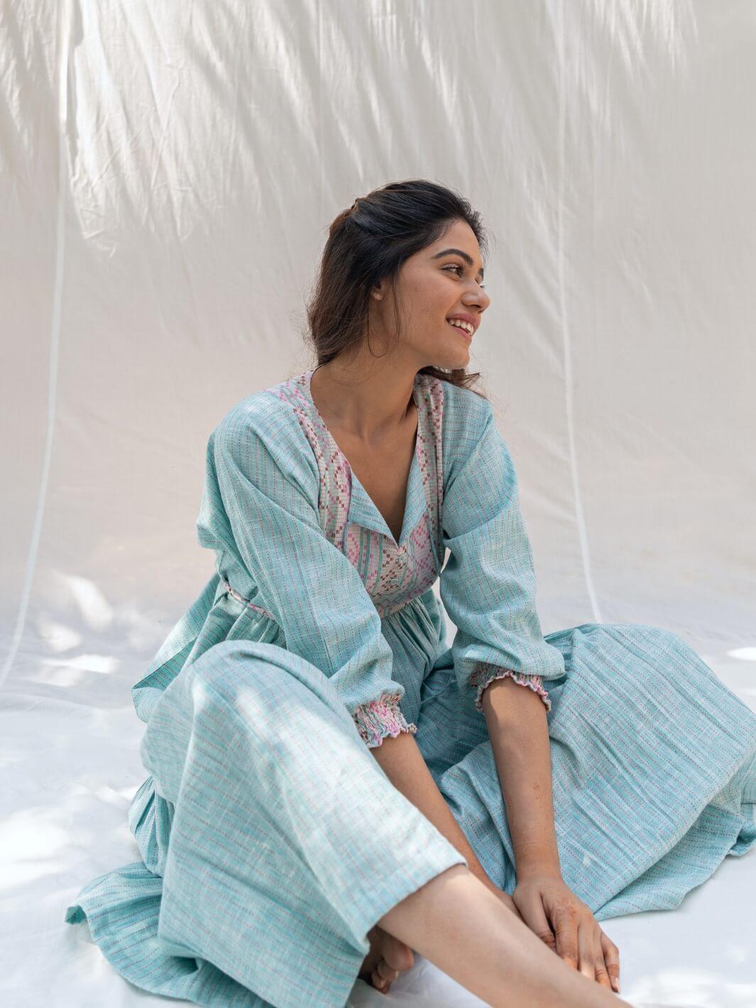 Aqua Mint Cotton Maxi Dress with Butterfly Sleeves - Moontara