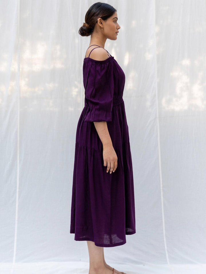 Aubergine Cold Shoulder Long Cotton Maxi Dress - Moontara