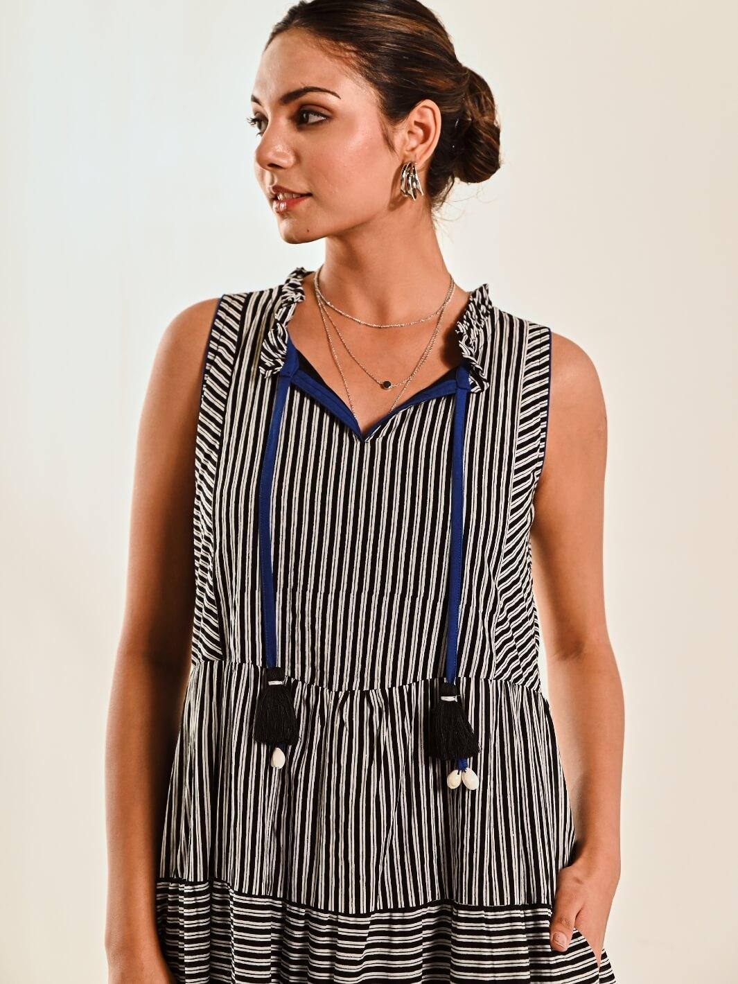 Black & White Striped Print Sleeveless Cotton Long Dress - Moontara