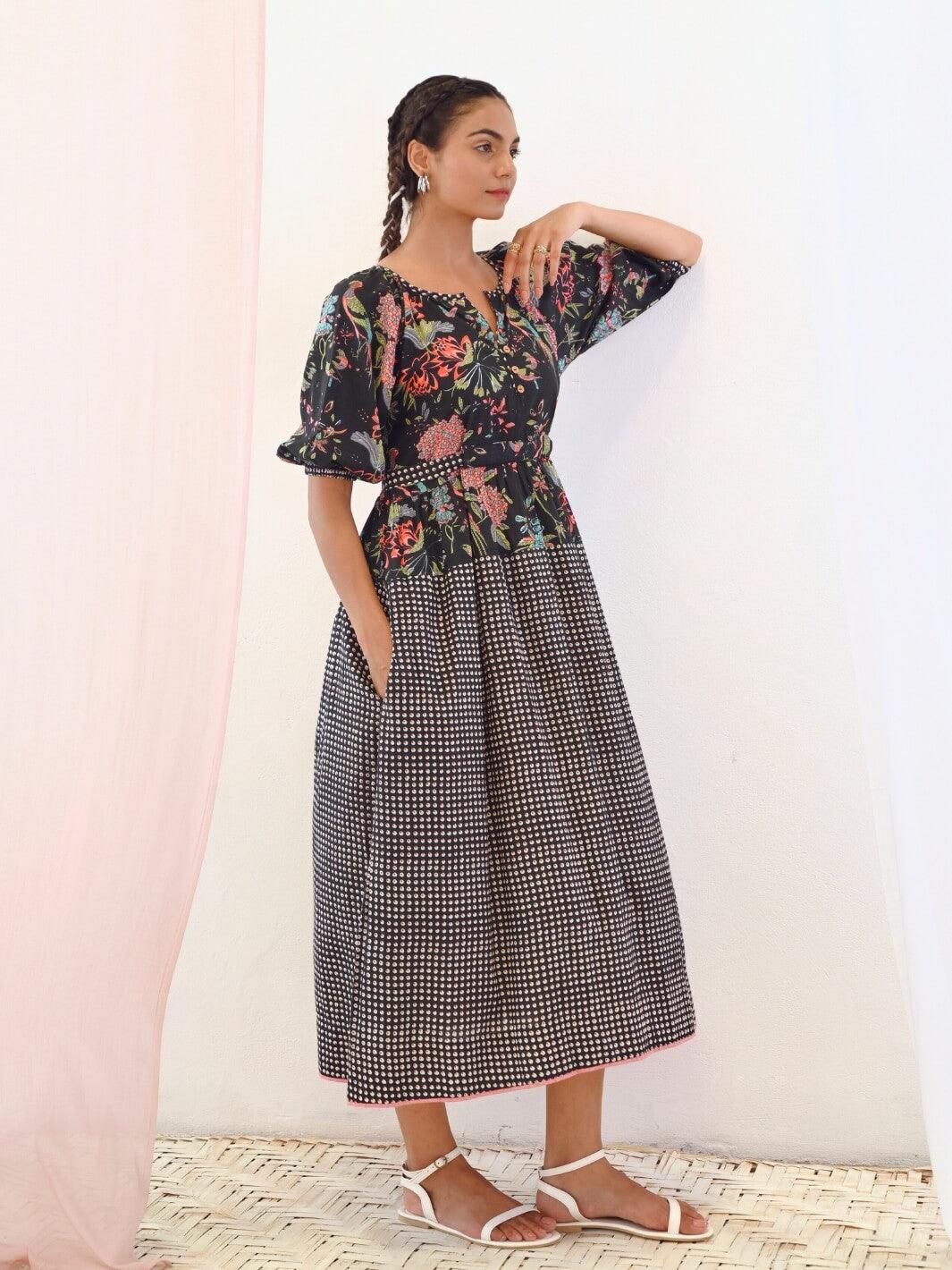 Black Cotton Printed Long Dress with Balloon Sleeves - Moontara