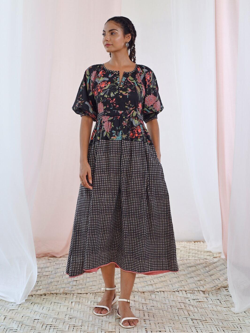 Black Cotton Printed Long Dress with Balloon Sleeves - Moontara