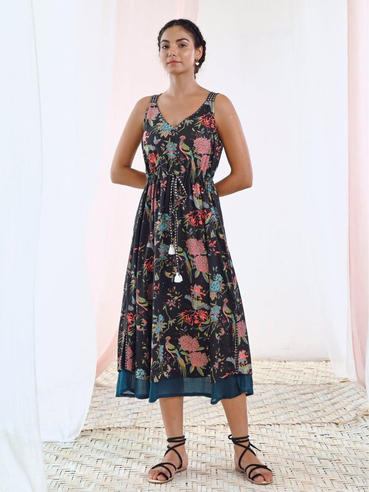 Black Cotton Printed V-Neck Floral Slip Dress - Moontara