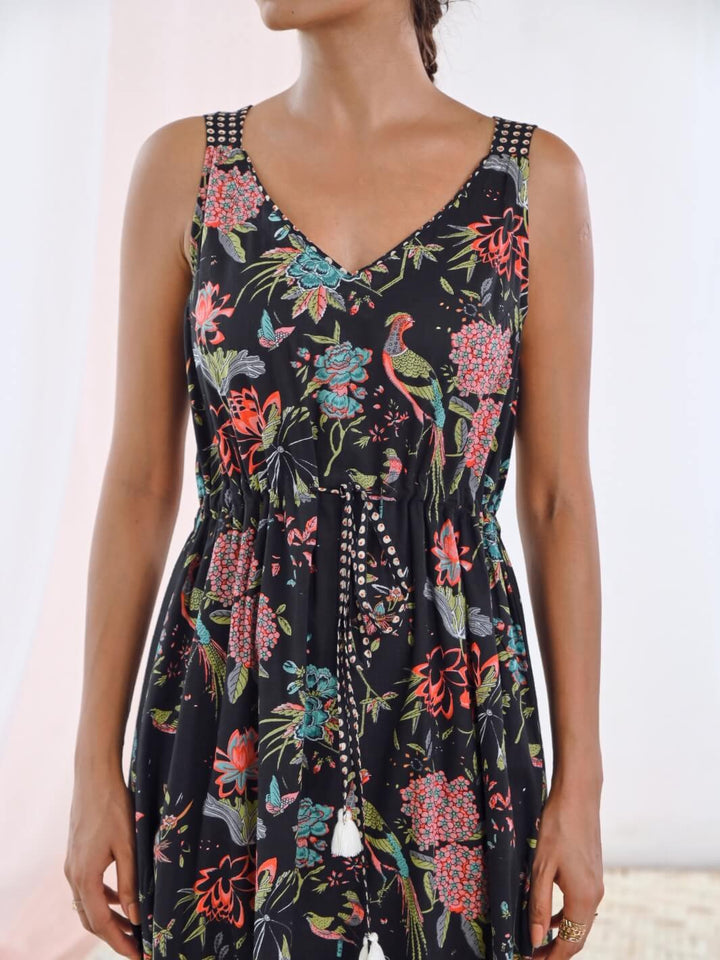 Black Cotton Printed V-Neck Floral Slip Dress - Moontara