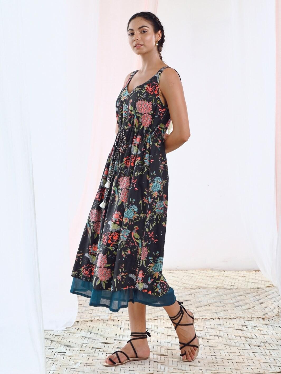 Black Cotton Printed V-Neck Floral Slip Dress - Moontara