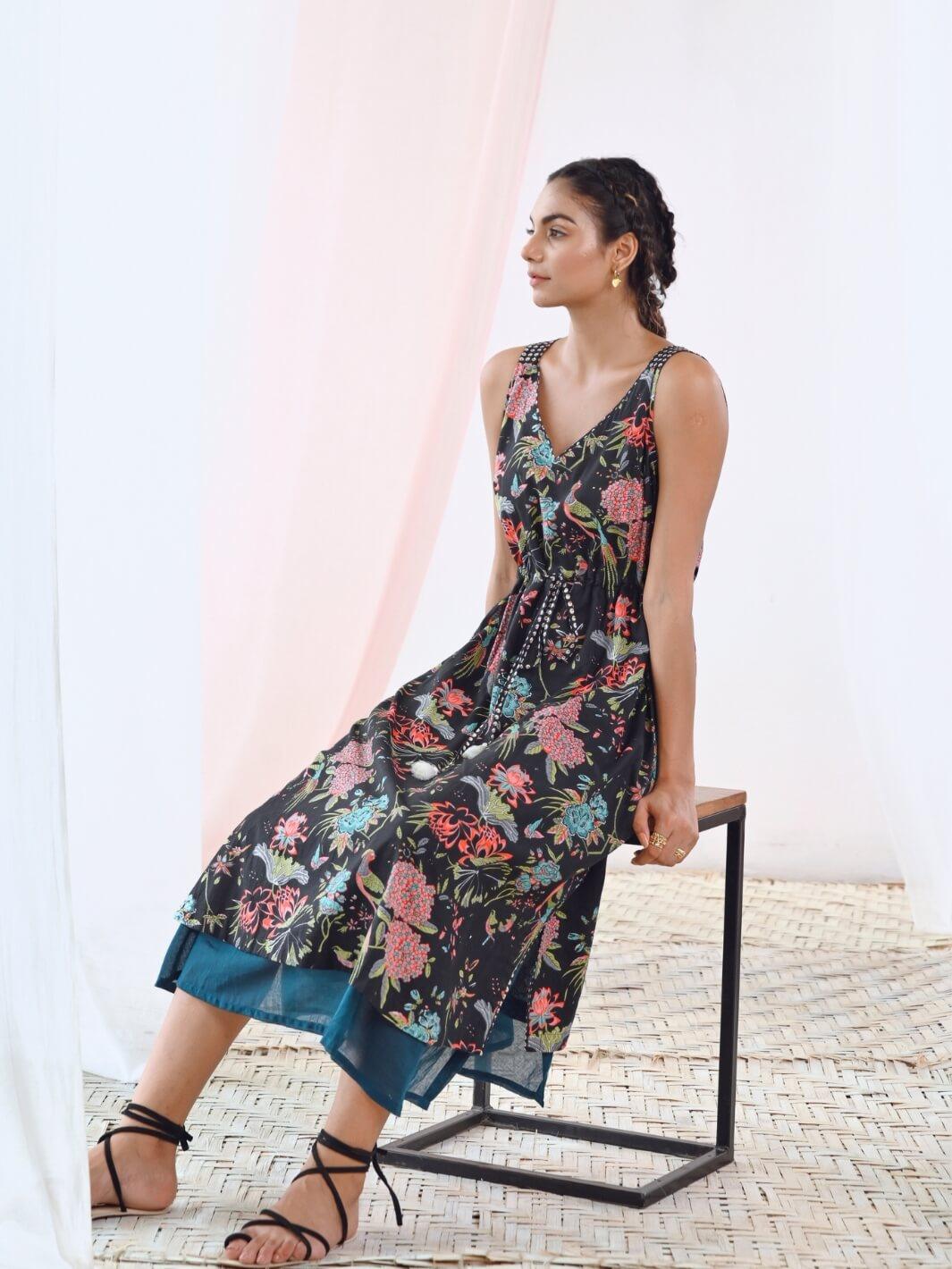 Black Cotton Printed V-Neck Floral Slip Dress - Moontara