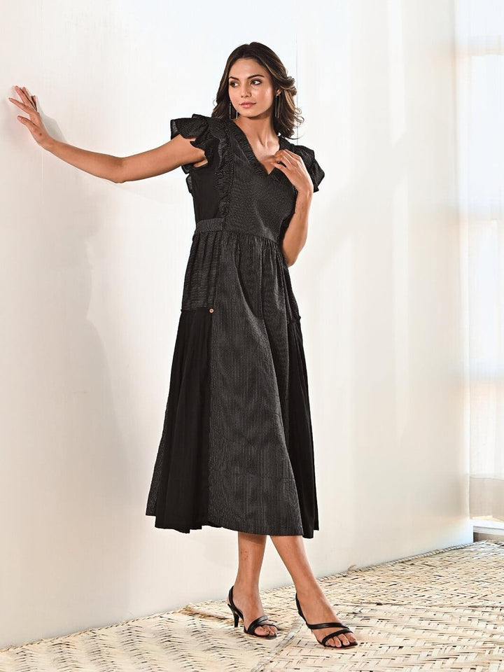 Black Cotton V neck Long Dress with Belt - Moontara