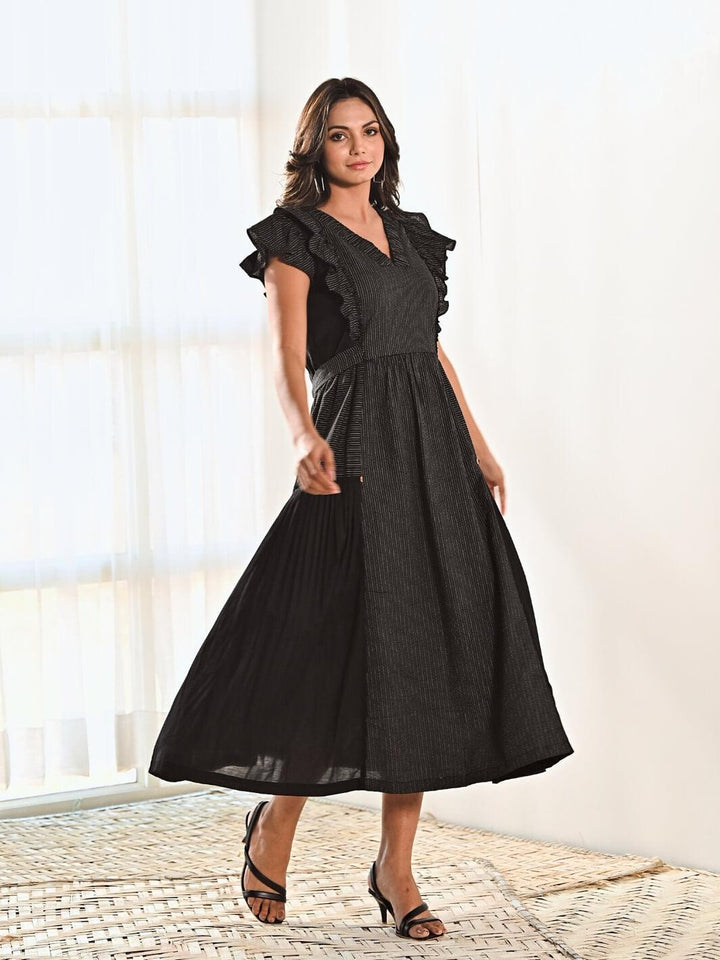 Black Cotton V neck Long Dress with Belt - Moontara