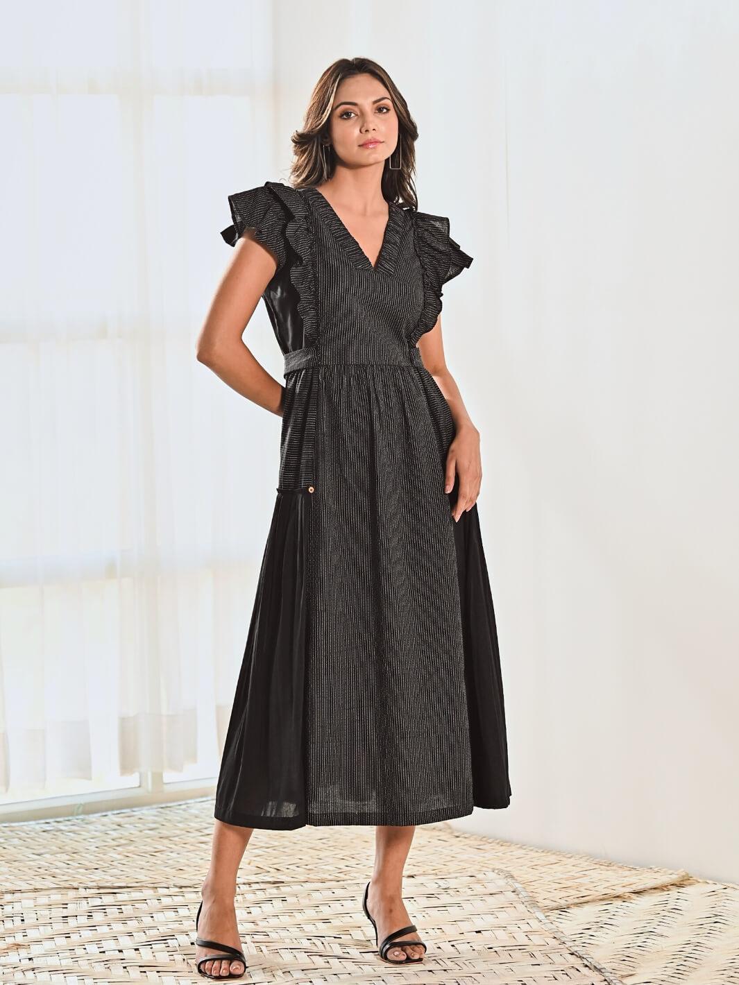 Black Cotton V neck Long Dress with Belt - Moontara